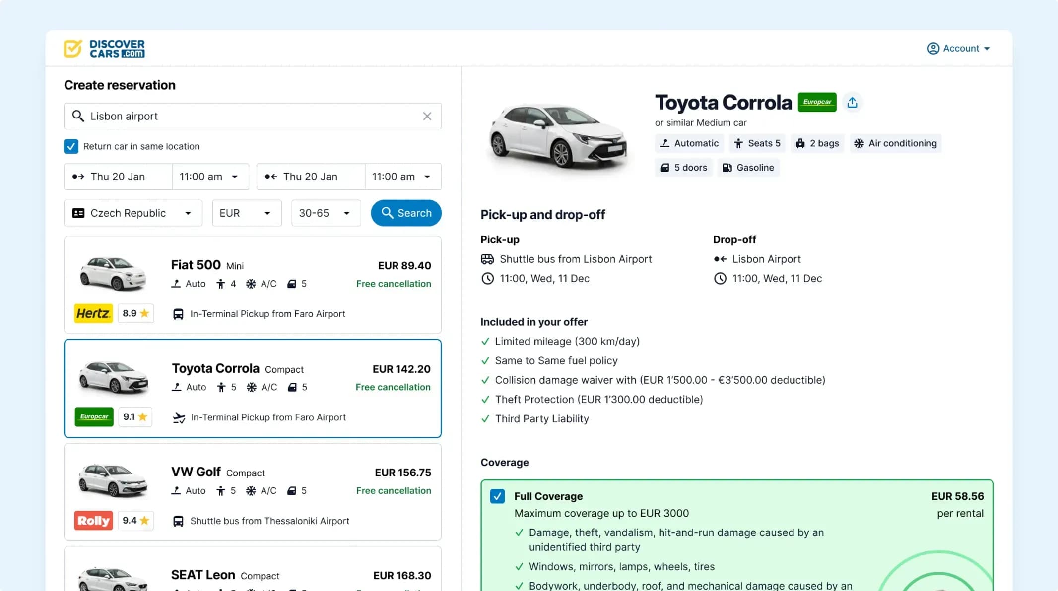 Search results in the DiscoverCars.com travel-agent portal